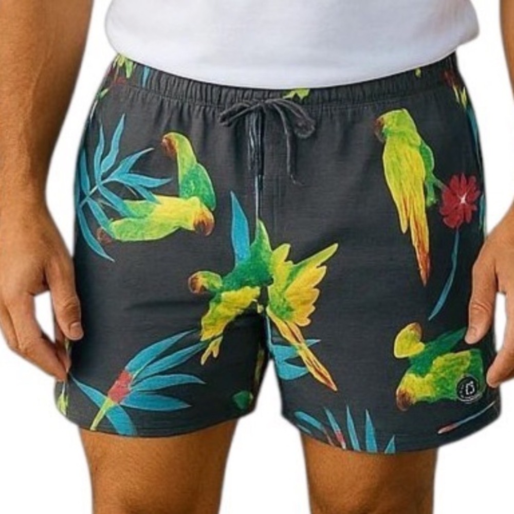 Roark Thomas board shorts men XL Parrot Tropical Black Hemp Blend 7 Inch Inseam
